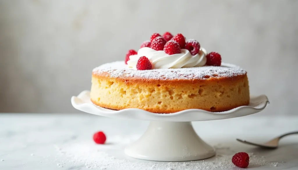 Fluffy yogurt cloud cake on cake stand topped with whipped cream and raspberries