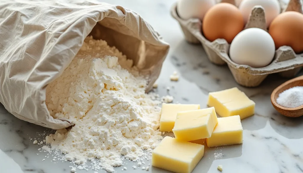 Basic pound cake ingredients laid out on kitchen counter with slight mess and natural lighting