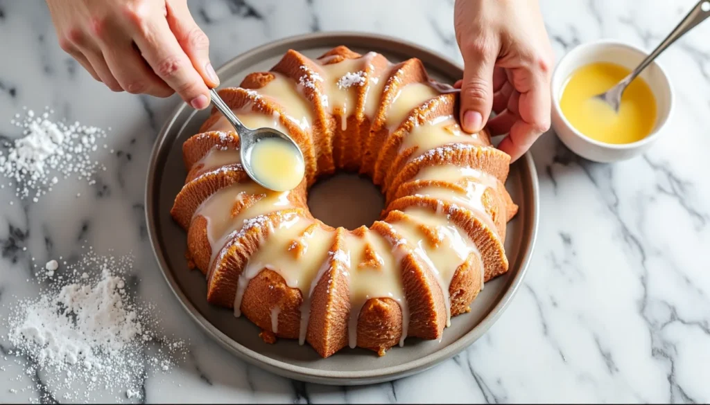 Hands drizzling lemon glaze over homemade pound cake with powdered sugar on kitchen counter