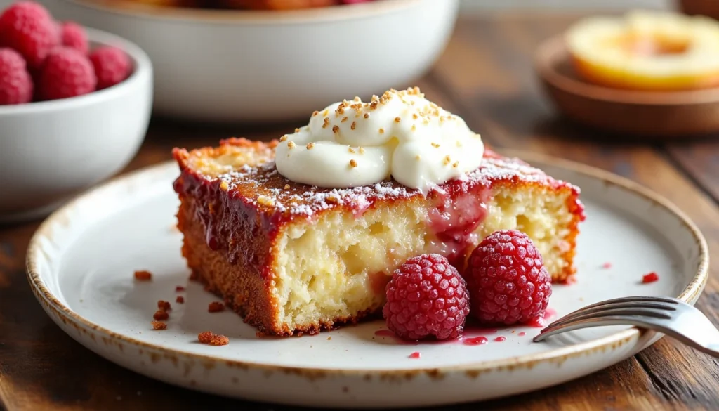 Slice of pound cake with whipped cream and berries on rustic plate with crumbs on wooden table