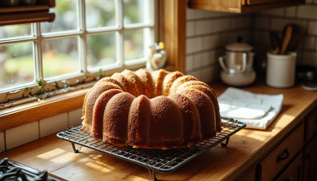 Cooling bundt pan on vintage kitchen counter with sunlight and handwritten recipe card nearby