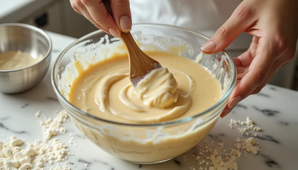 Close-up of cake batter being mixed by hand in a bowl with spatula and scattered ingredients