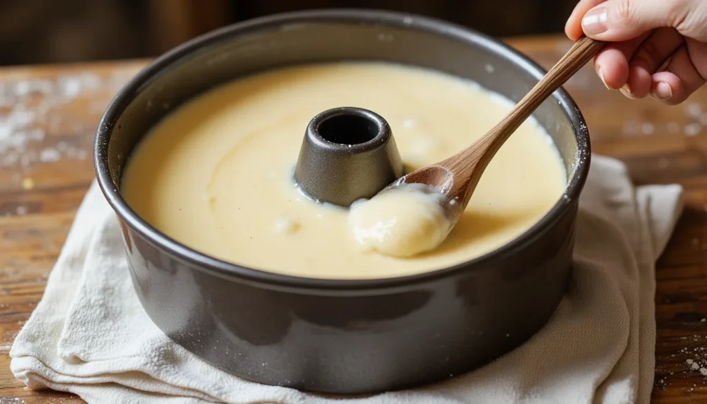Homemade pound cake batter being spooned into greased bundt pan on a kitchen towel