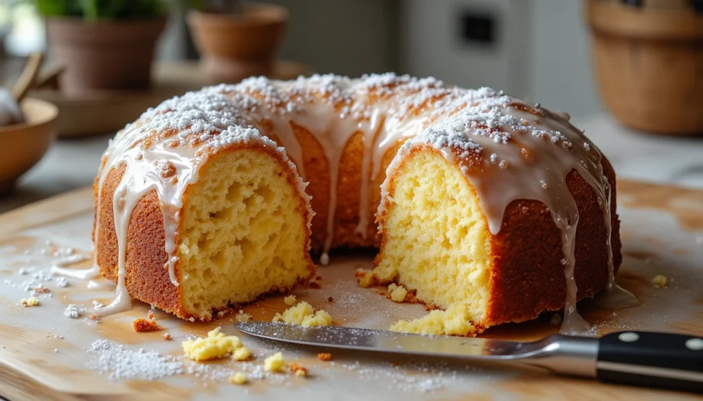 Half-eaten pound cake on cluttered kitchen counter