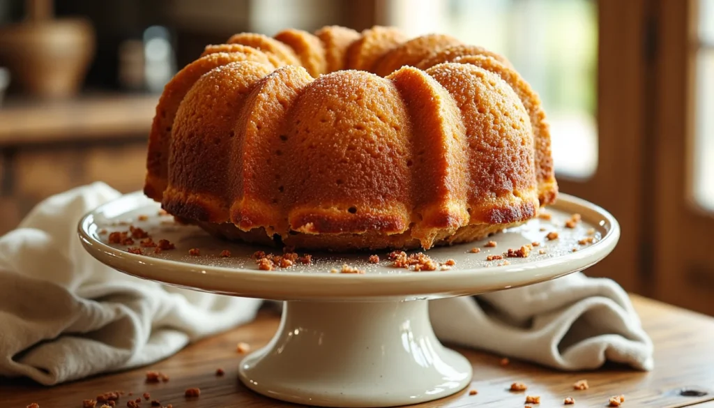 Whole Southern pound cake on a rustic cake stand in home kitchen with golden crust and natural light