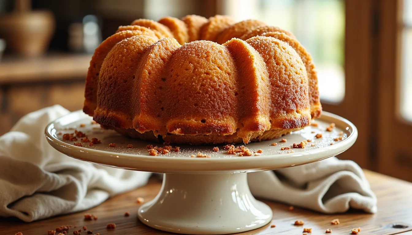 Whole Southern pound cake on a rustic cake stand in home kitchen with golden crust and natural light