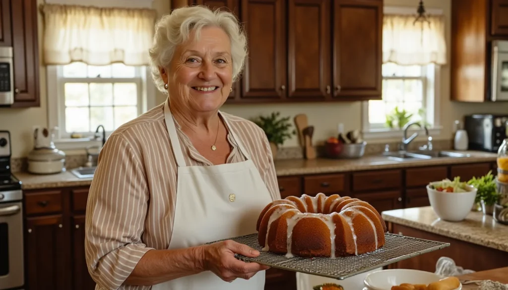 older woman holding a homemade 7up bundt cake