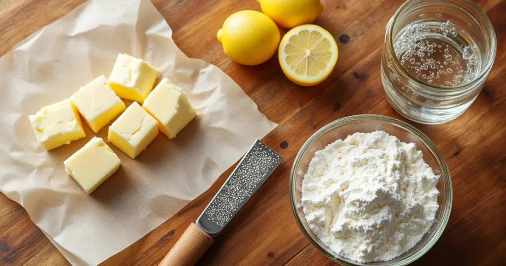 Butter cubes, cake flour, lemons and 7 Up soda arranged for pound cake ingredients
