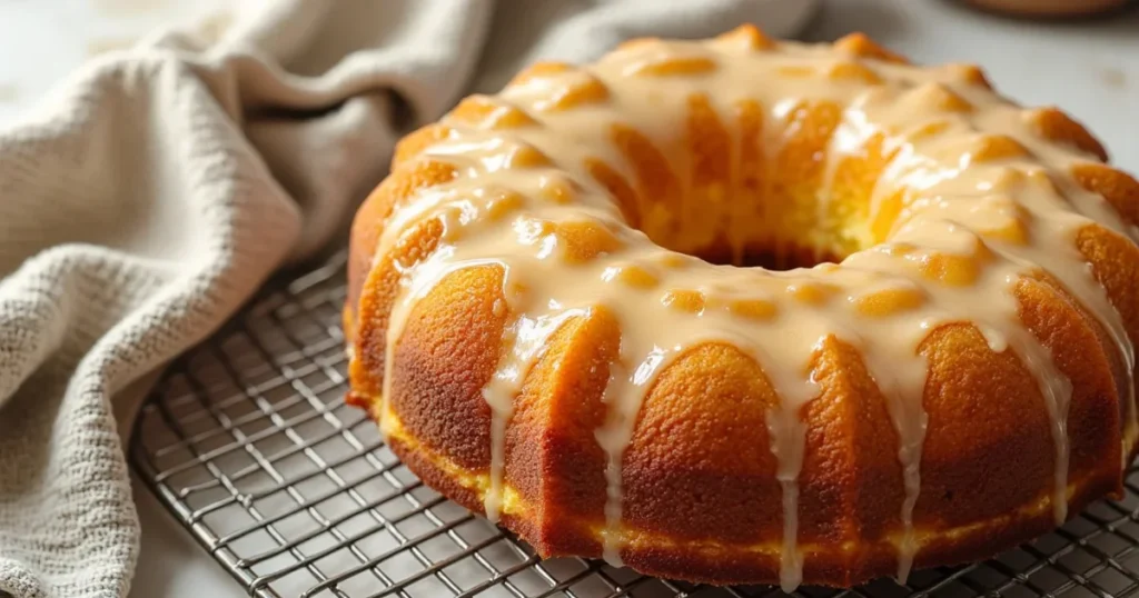 Finished 7 Up lemon bundt cake with set glaze ready to slice and serve