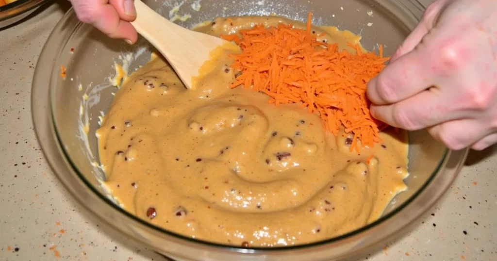 Folding shredded carrots and chopped walnuts into moist carrot Bundt cake batter