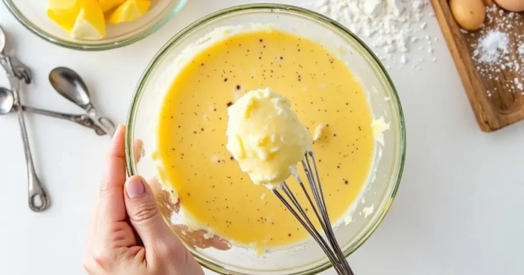 Whisked egg mixture being added to pound cake batter in glass bowl
