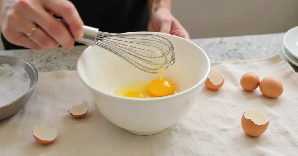 Whisking room-temperature eggs into lemon pound cake batter