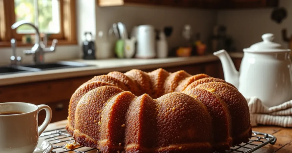 Deep caramel-brown Amish applesauce bundt cake on a worn wooden table, steam rising, sunlight through a kitchen window, chipped mug and tea towel beside it, small crumbs scattered.