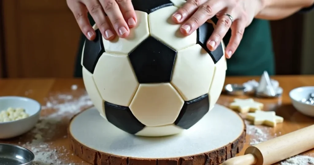 Adding black fondant pentagons and white hexagons to buttercream-coated sphere.