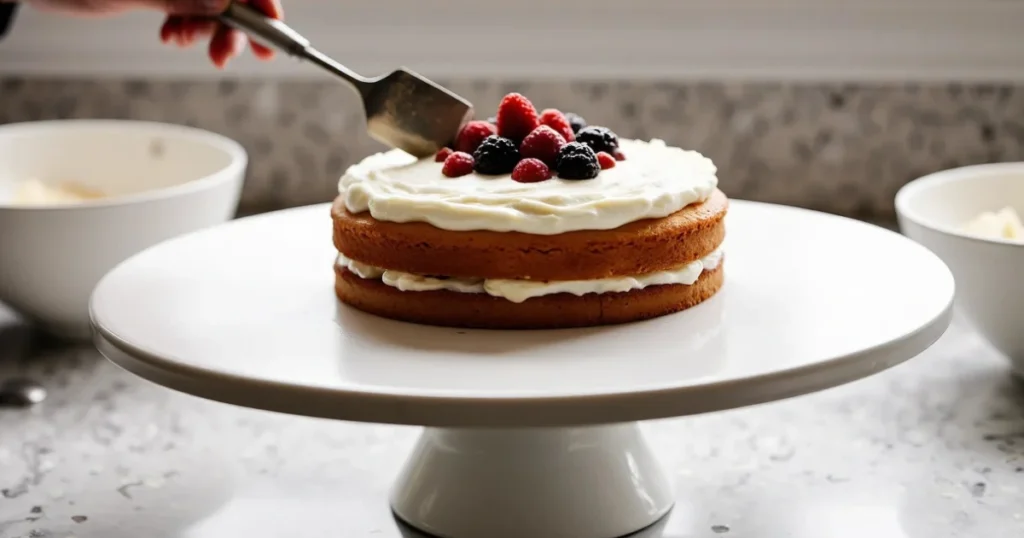Frosting first cake layer with chantilly cream and fresh berries