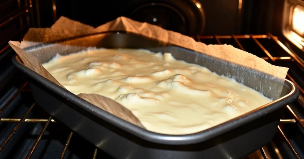 Sticky date walnut cake baking in a loaf pan, ready when golden and firm