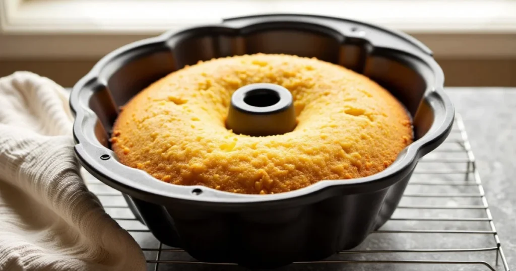 Golden 7 Up pound cake cooling in pan after baking clean-test