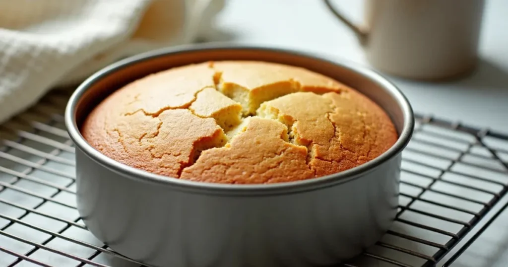 Golden yellow cake freshly baked in a round pan