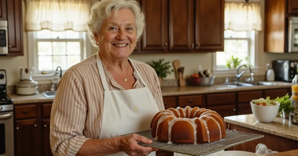 Smiling grandma holding fresh 7 Up lemon pound cake in Southern kitchen