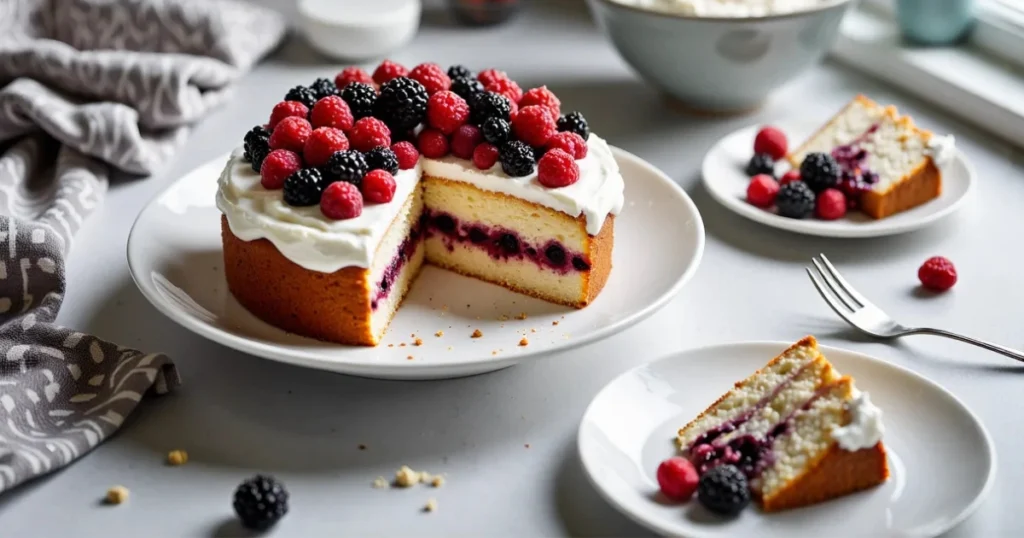 Hero shot of a Whole Foods–style Berry Chantilly Cake sliced to show berry filling and chantilly cream