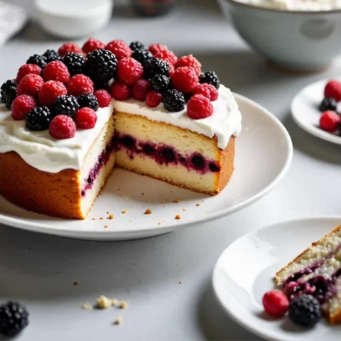 Hero shot of a Whole Foods–style Berry Chantilly Cake sliced to show berry filling and chantilly cream