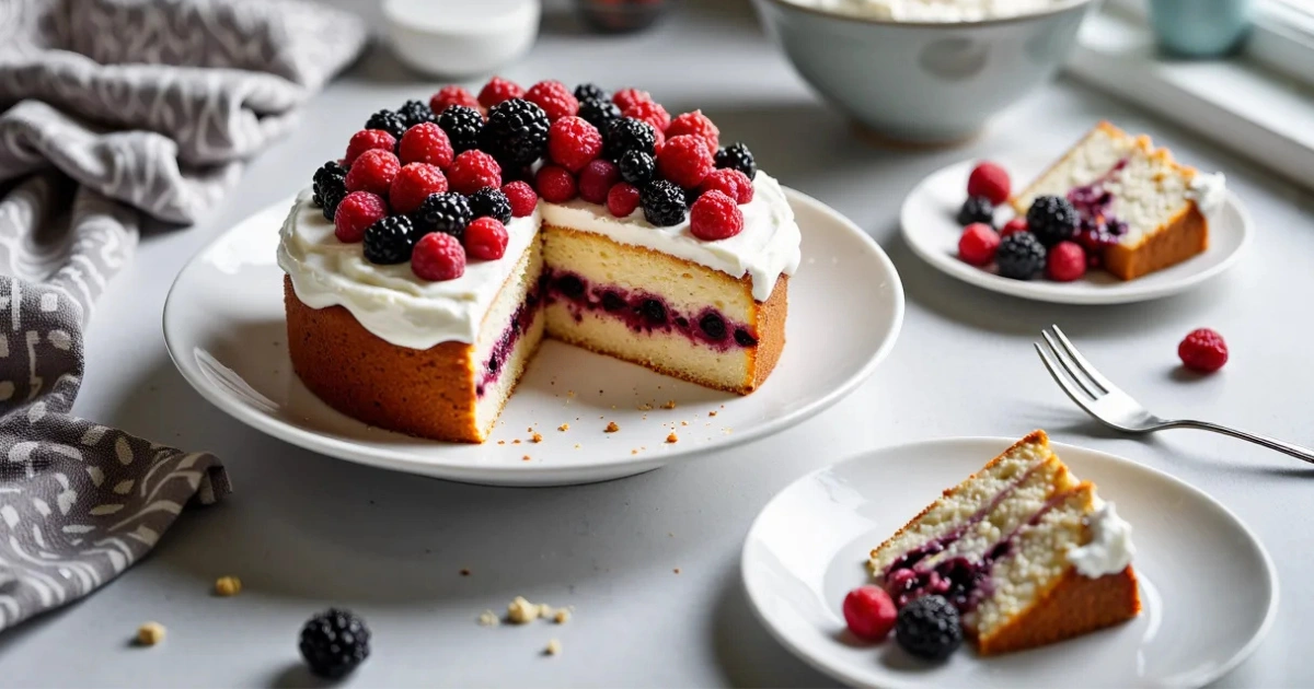 Hero shot of a Whole Foods–style Berry Chantilly Cake sliced to show berry filling and chantilly cream