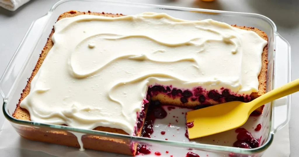 Easy sheet-cake variation of Berry Chantilly Cake with whipped cream topping