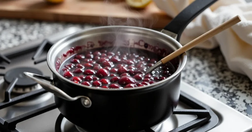 Mixed berry filling simmering with jam and lemon for Chantilly Cake
