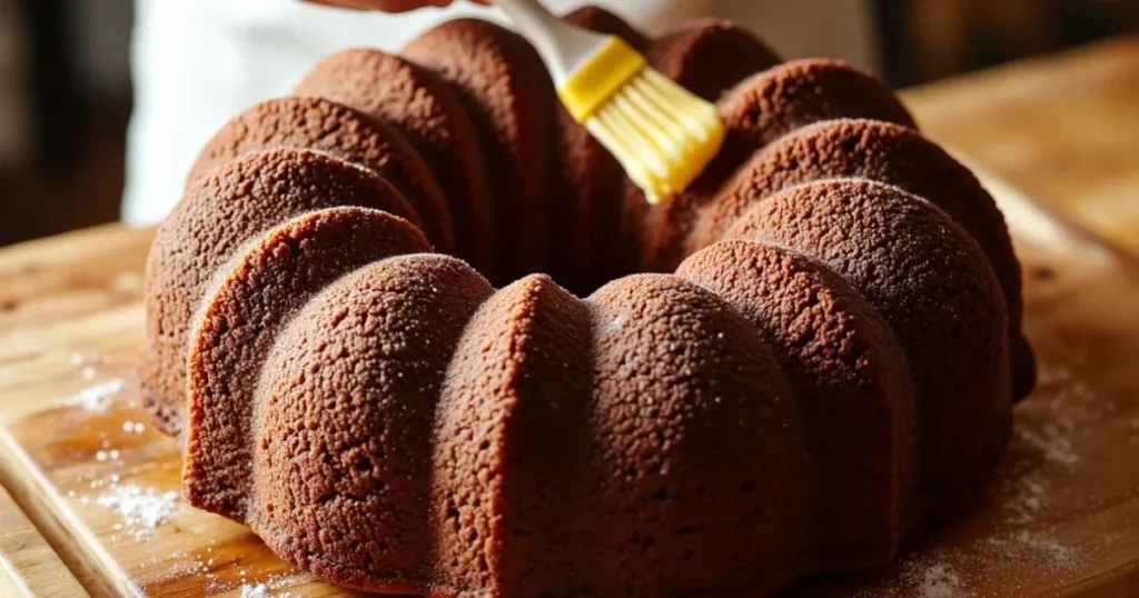 Brushing glaze over rich brown baked bundt cake for pound cake tips