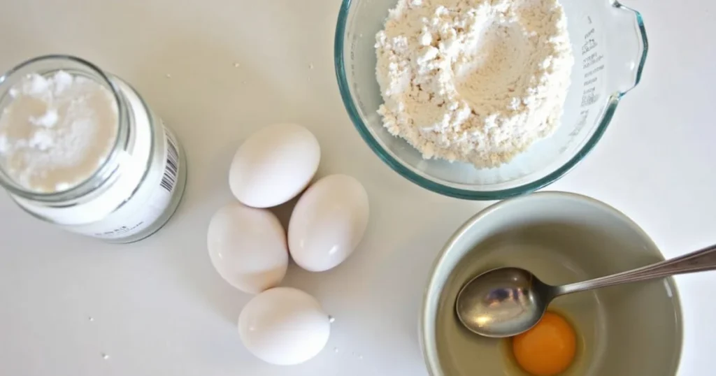 Cake pop ingredients including eggs, flour, and sugar displayed on a white counter
