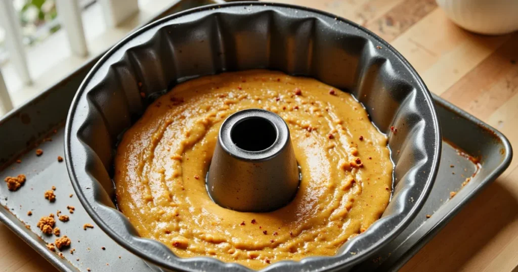 Carrot Bundt cake batter in prepared pan before baking, ready for oven