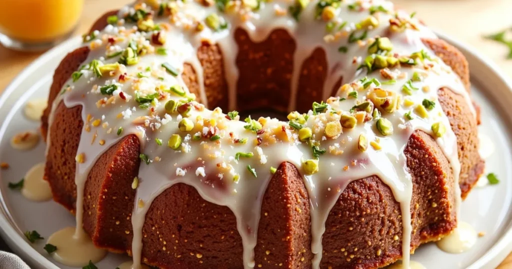Decorated carrot Bundt cake with cream cheese frosting, pecans, and pineapple