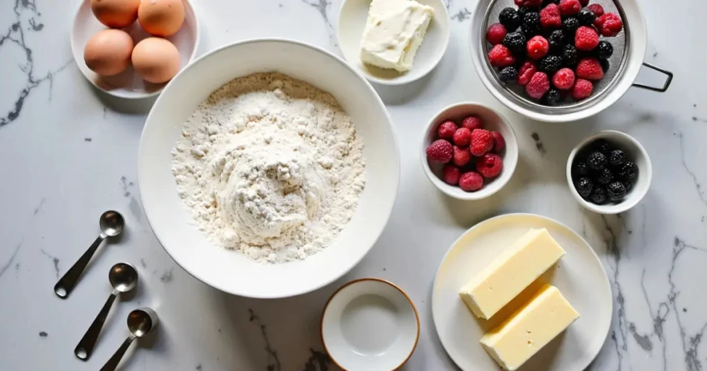 Flat-lay of ingredients for Berry Chantilly Cake – cake flour, eggs, mascarpone, fresh berries