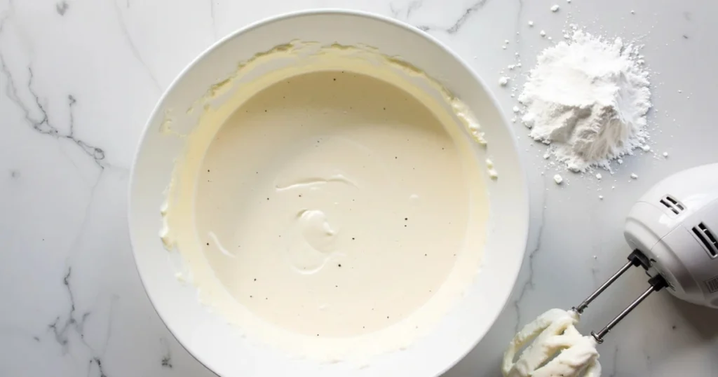 Bowl of whipped chantilly cream frosting with mascarpone and cream cheese