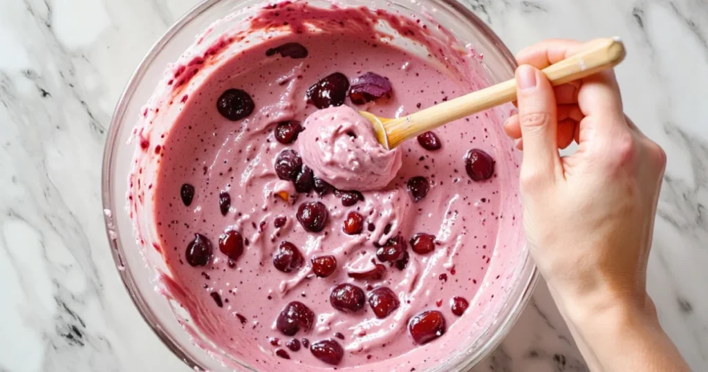 Folding chopped cherries into pink cherry chip cake batter
