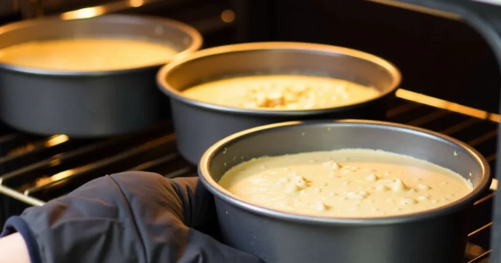 Cherry chip cake batter in round cake pans before baking