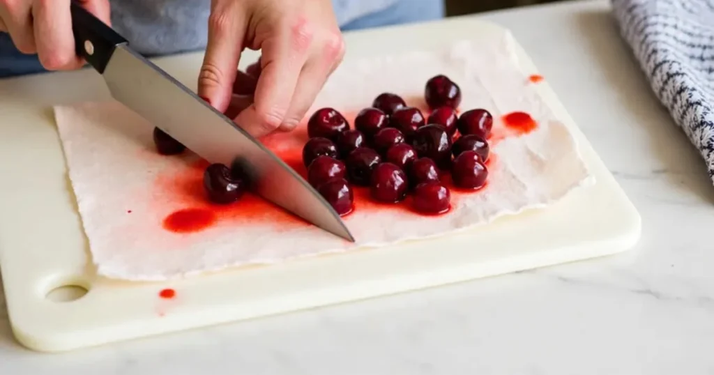 Chopping maraschino cherries on cutting board for cherry chip cake