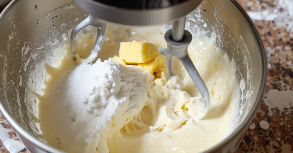 Creaming butter and sugar for cherry chip cake batter in stand mixer