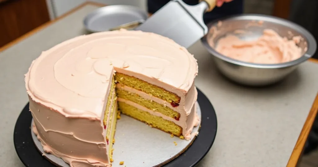 Frosting cherry chip cake with cherry almond buttercream
