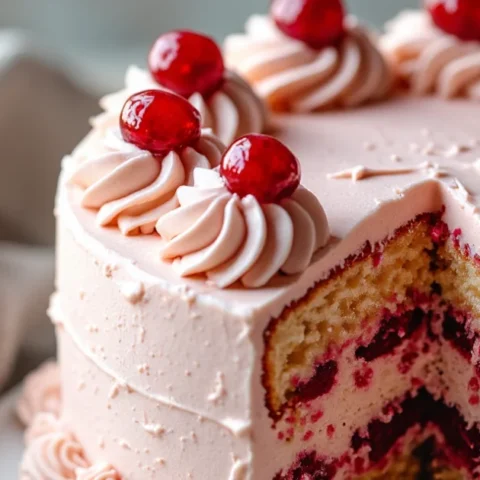 Frosted cherry chip cake with pink cherry frosting and cherries on top