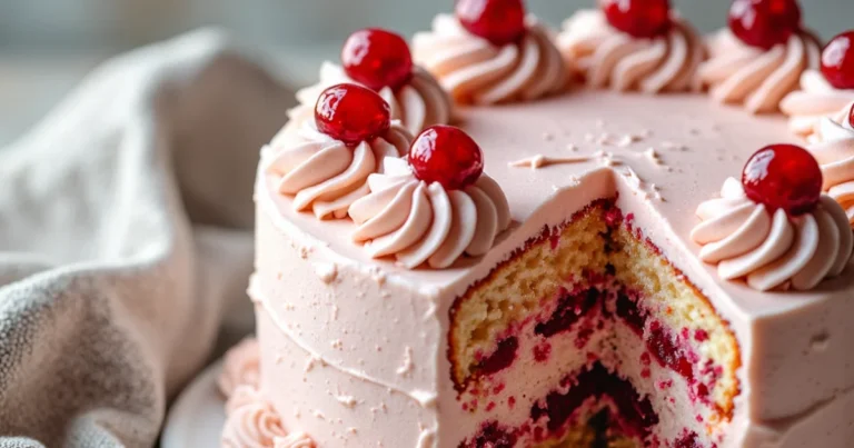 Frosted cherry chip cake with pink cherry frosting and cherries on top