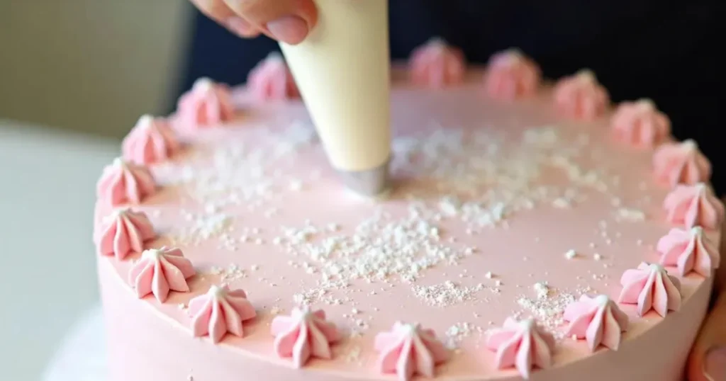 Decorating cherry chip cake with pink Lambeth piping and sprinkles