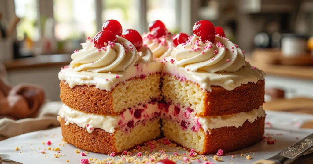 Cherry chip layer cake with cream frosting and maraschino cherries