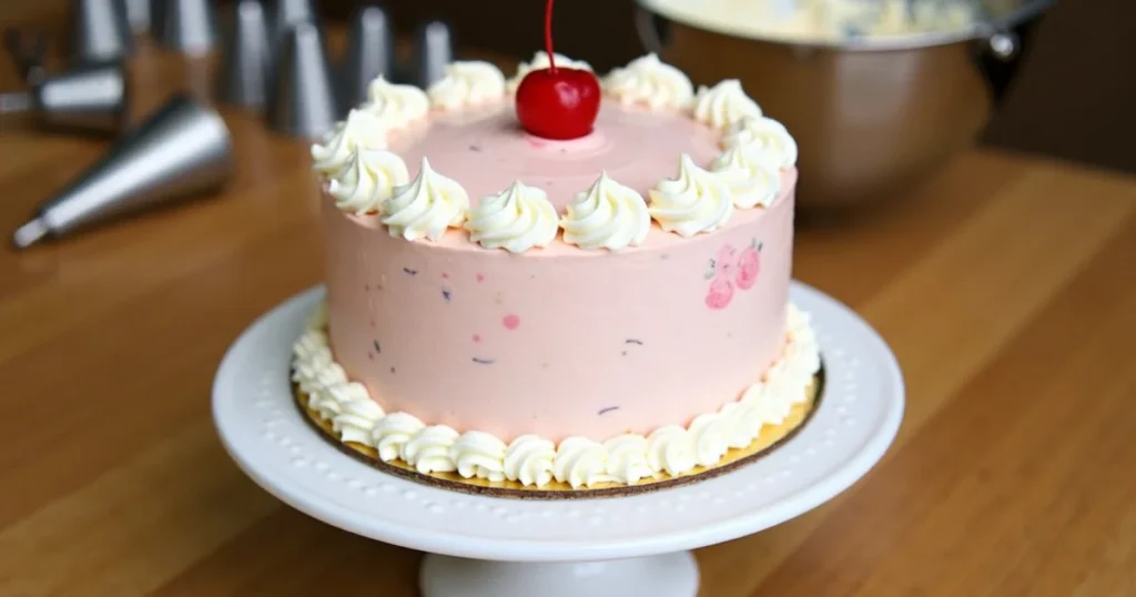 Finished cherry chip cake with vintage piping and a cherry on top