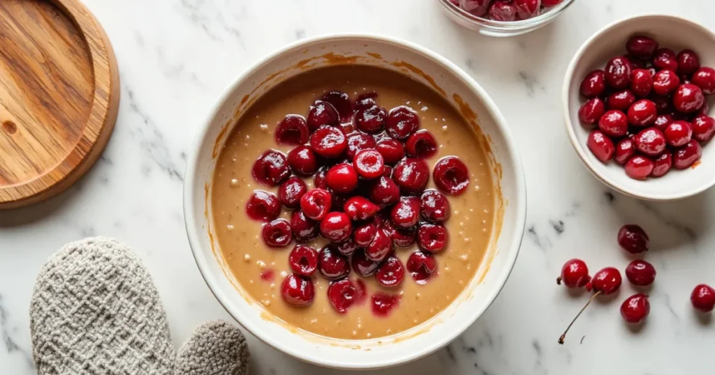 Fresh cherries being added to Dr Pepper cake batter in mixing bowl