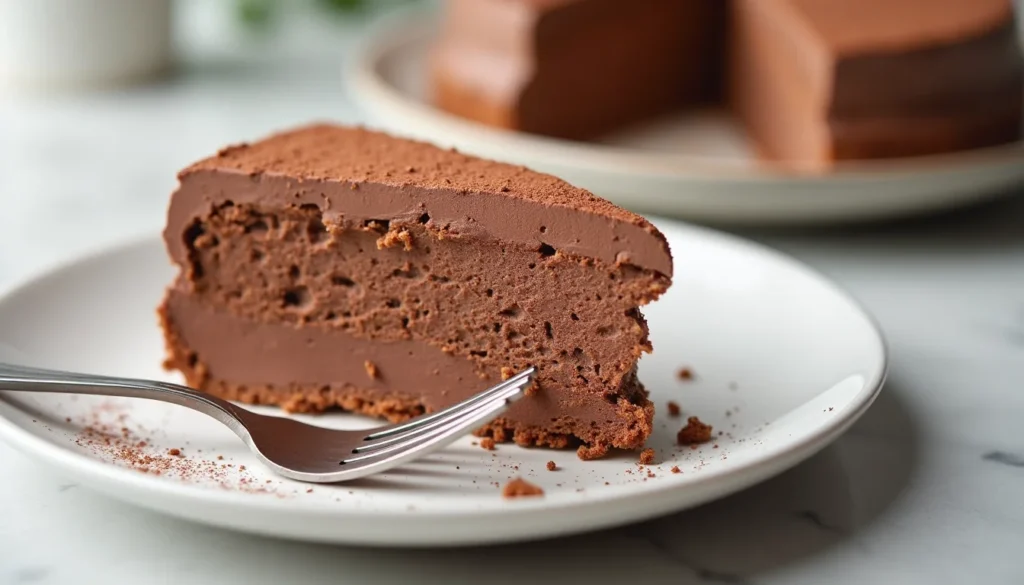 Slice of flourless chocolate cloud cake on plate with fork and crumbs