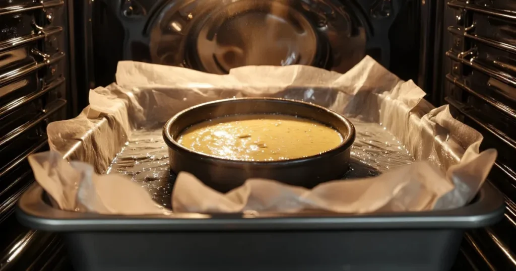 Cloud cake batter baking in a springform pan inside a water bath