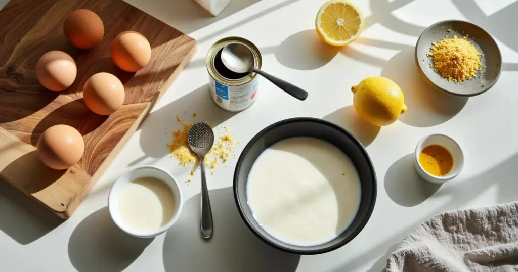 Flat lay of eggs, Greek yogurt, lemon, and condensed milk for making cloud cake