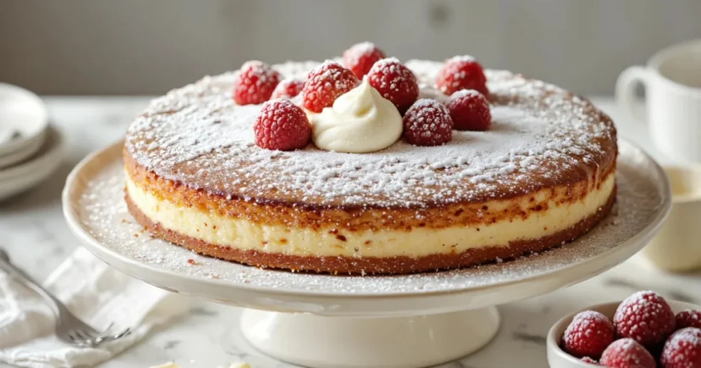 Decorated yogurt cloud cake on cake stand topped with whipped cream and raspberries