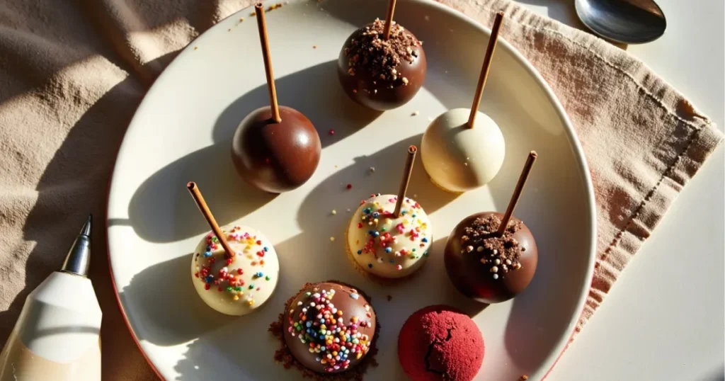 Assorted cake pops with sprinkles and chocolate coating on a white plate